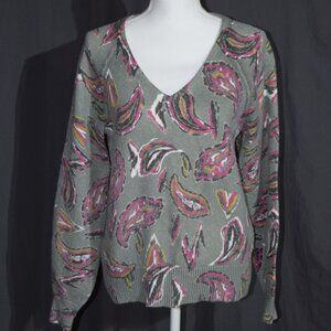 LOFT Sage Green Paisley V-Neck Pullover Knit Sweater - Women's Size Medium